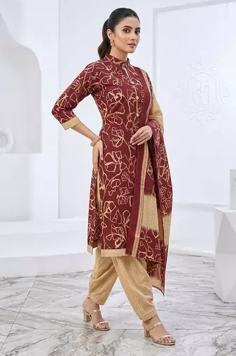 Red printed cotton blend stitched floral print salwar kurta dupatta for women