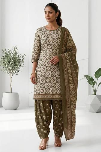 Olive printed cotton blend stitched geometric print salwar kurta dupatta for women