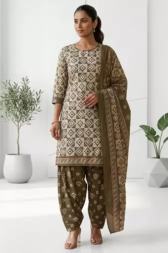 Olive printed cotton blend stitched geometric print salwar kurta dupatta for women
