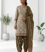 Olive printed cotton blend stitched geometric print salwar kurta dupatta for women
