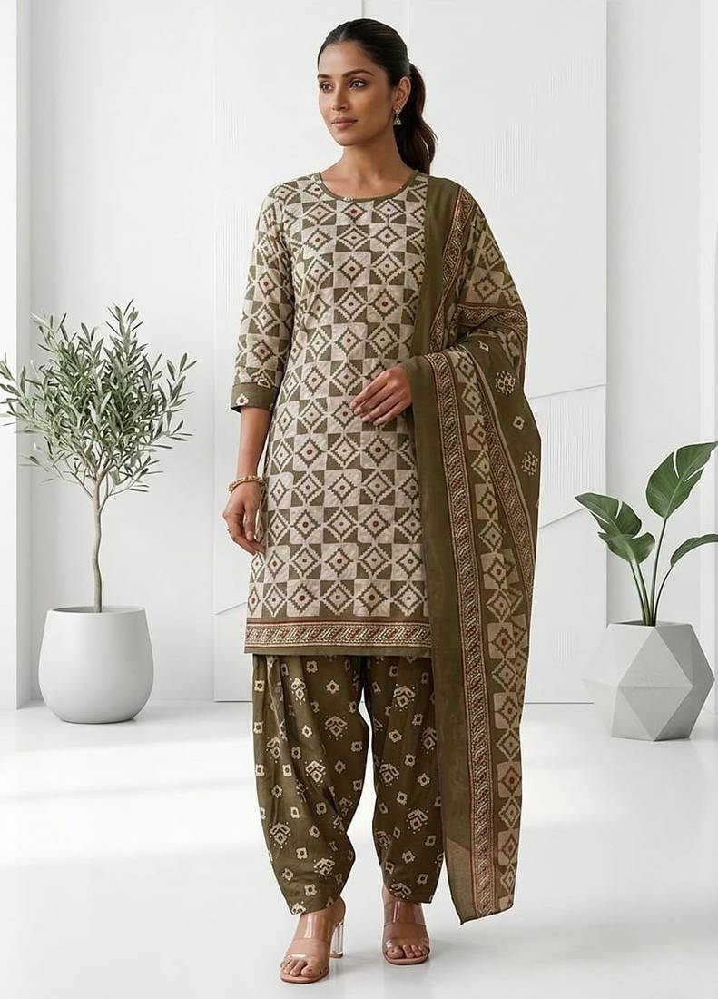 Olive printed cotton blend stitched geometric print salwar kurta dupatta for women