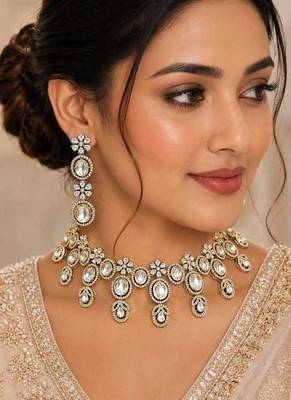 Gold Champagne CZ Bridal Necklace Earrings Set, Oval Crystal Statement Wedding Jewelry 1