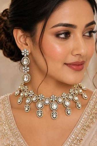 Gold Champagne CZ Bridal Necklace Earrings Set, Oval Crystal Statement Wedding Jewelry
