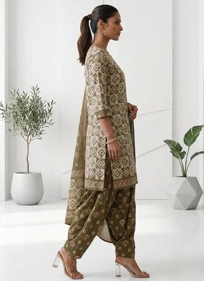 Olive printed cotton blend stitched geometric print salwar kurta dupatta for women 2