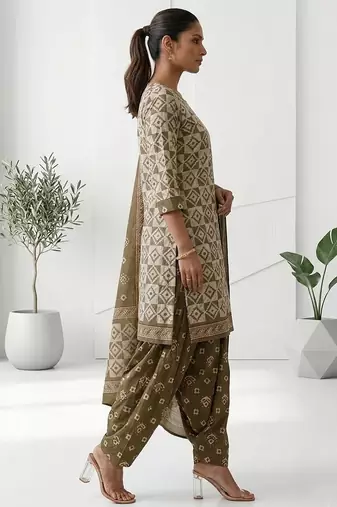 Olive printed cotton blend stitched geometric print salwar kurta dupatta for women