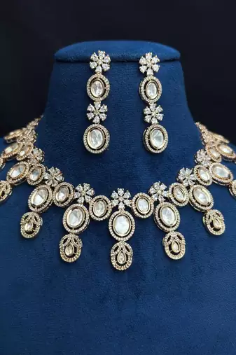 Gold Champagne CZ Bridal Necklace Earrings Set, Oval Crystal Statement Wedding Jewelry