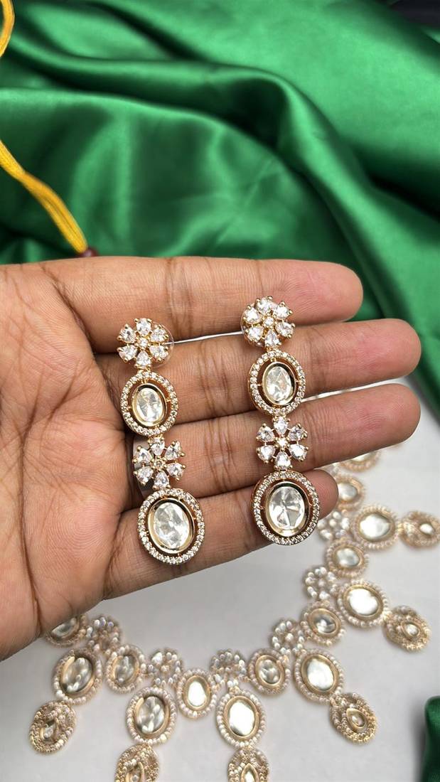 Gold Champagne CZ Bridal Necklace Earrings Set, Oval Crystal Statement Wedding Jewelry
