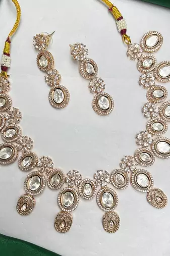 Gold Champagne CZ Bridal Necklace Earrings Set, Oval Crystal Statement Wedding Jewelry