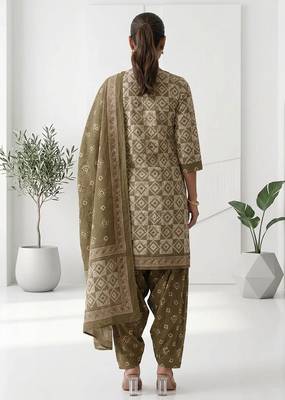 Olive printed cotton blend stitched geometric print salwar kurta dupatta for women 3