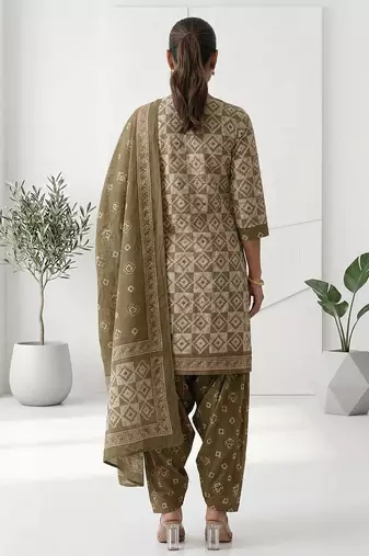 Olive printed cotton blend stitched geometric print salwar kurta dupatta for women