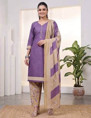 Purple printed cotton blend stitched geometric print salwar kurta dupatta for women 1