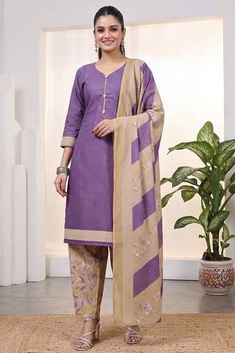 Purple printed cotton blend stitched geometric print salwar kurta dupatta for women