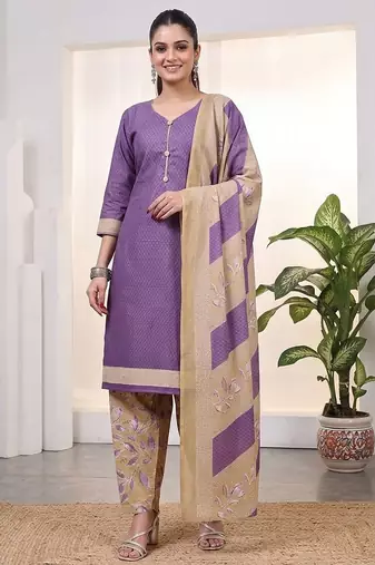 Purple printed cotton blend stitched geometric print salwar kurta dupatta for women