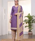 Purple printed cotton blend stitched geometric print salwar kurta dupatta for women