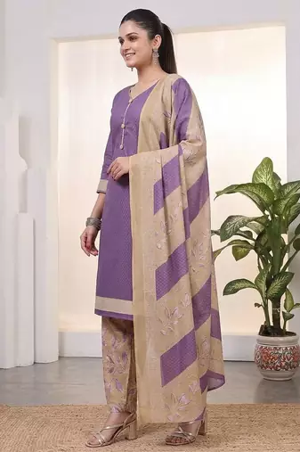 Purple printed cotton blend stitched geometric print salwar kurta dupatta for women