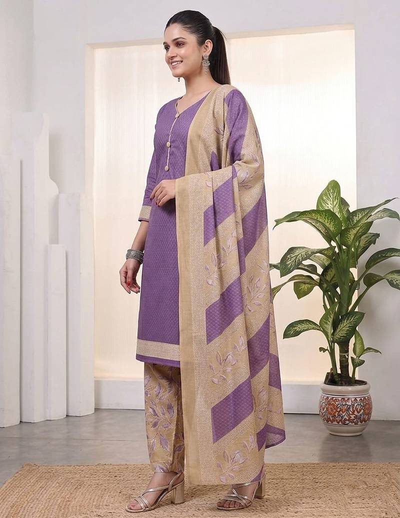 Purple printed cotton blend stitched geometric print salwar kurta dupatta for women