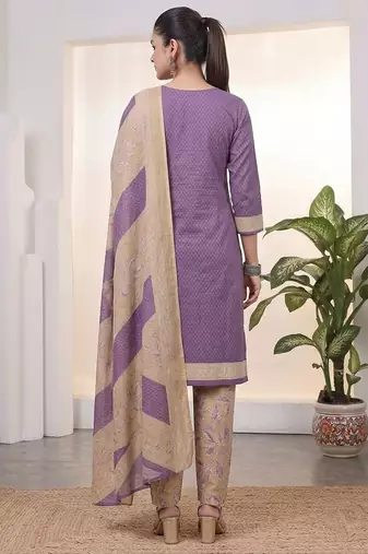 Purple printed cotton blend stitched geometric print salwar kurta dupatta for women