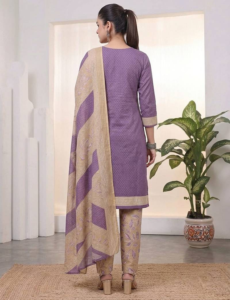 Purple printed cotton blend stitched geometric print salwar kurta dupatta for women