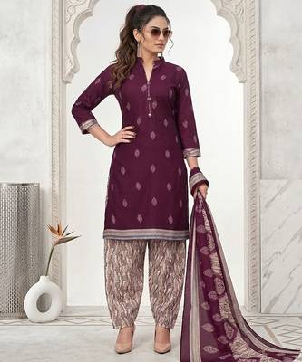 Purple printed cotton blend stitched geometric print salwar kurta dupatta for women 1