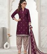 Purple printed cotton blend stitched geometric print salwar kurta dupatta for women