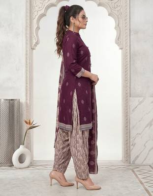 Purple printed cotton blend stitched geometric print salwar kurta dupatta for women 2