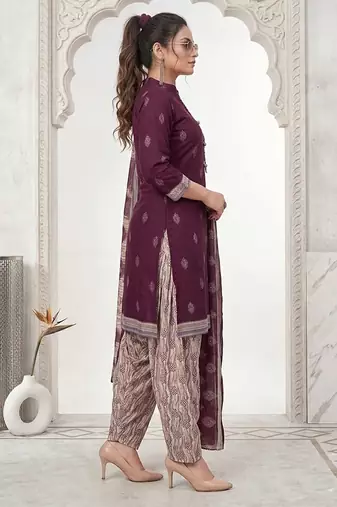 Purple printed cotton blend stitched geometric print salwar kurta dupatta for women