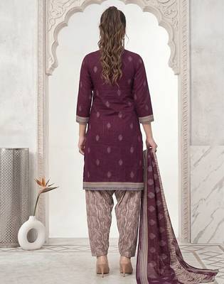 Purple printed cotton blend stitched geometric print salwar kurta dupatta for women 3