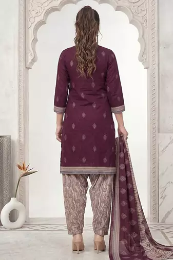 Purple printed cotton blend stitched geometric print salwar kurta dupatta for women