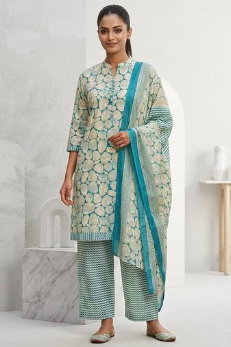 Light blue printed cotton blend stitched abstrect print salwar kurta dupatta for women