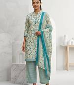 Light blue printed cotton blend stitched abstrect print salwar kurta dupatta for women