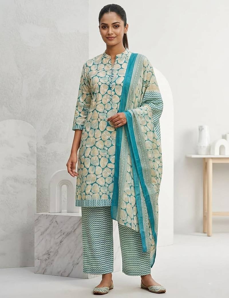 Light blue printed cotton blend stitched abstrect print salwar kurta dupatta for women
