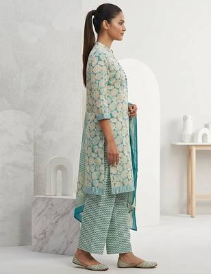 Light blue printed cotton blend stitched abstrect print salwar kurta dupatta for women 2