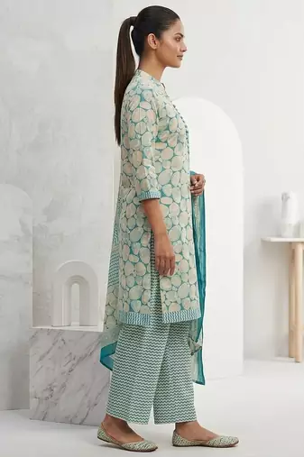 Light blue printed cotton blend stitched abstrect print salwar kurta dupatta for women