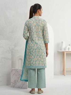Light blue printed cotton blend stitched abstrect print salwar kurta dupatta for women 3