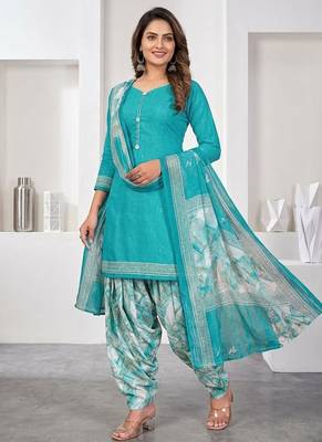 Light blue printed cotton blend stitched geometric print salwar kurta dupatta for women 1