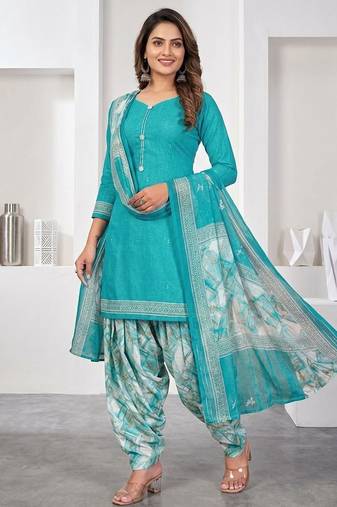 Light blue printed cotton blend stitched geometric print salwar kurta dupatta for women