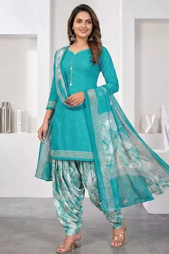 Light blue printed cotton blend stitched geometric print salwar kurta dupatta for women