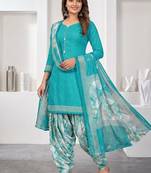Light blue printed cotton blend stitched geometric print salwar kurta dupatta for women