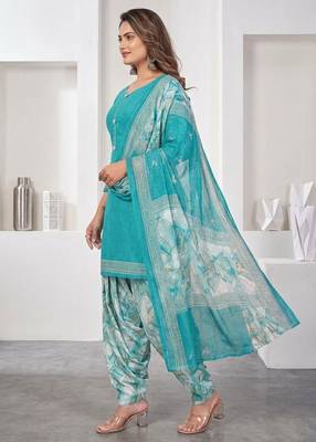 Light blue printed cotton blend stitched geometric print salwar kurta dupatta for women 2
