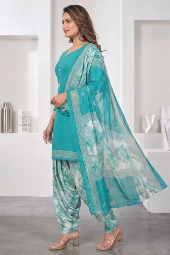 Light blue printed cotton blend stitched geometric print salwar kurta dupatta for women
