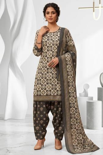 Grey printed cotton blend stitched geometric print salwar kurta dupatta for women