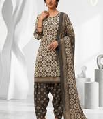 Grey printed cotton blend stitched geometric print salwar kurta dupatta for women