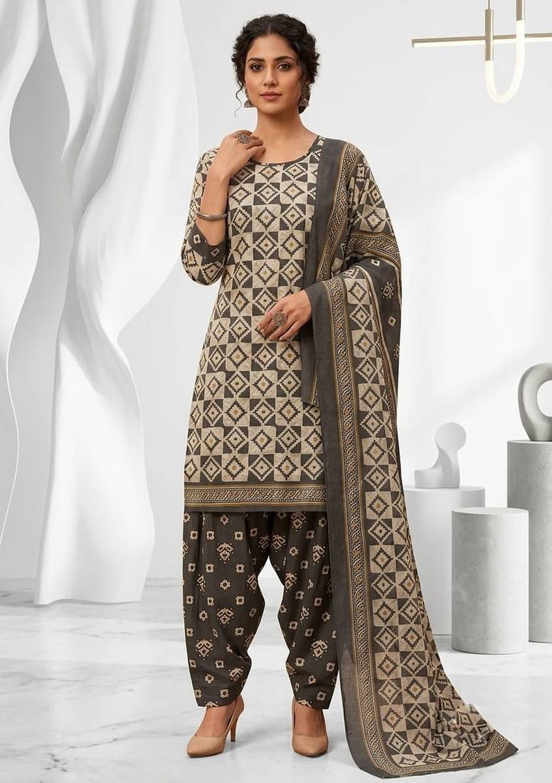 Grey printed cotton blend stitched geometric print salwar kurta dupatta for women