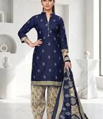 Blue printed cotton blend stitched geometric print salwar kurta dupatta for women