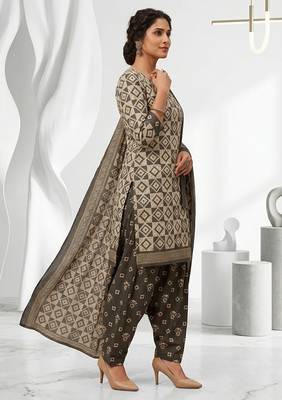 Grey printed cotton blend stitched geometric print salwar kurta dupatta for women 2