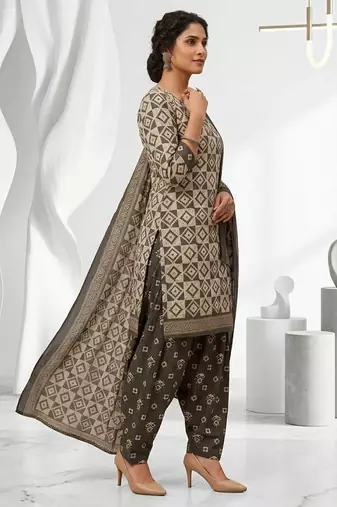 Grey printed cotton blend stitched geometric print salwar kurta dupatta for women