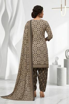 Grey printed cotton blend stitched geometric print salwar kurta dupatta for women 3