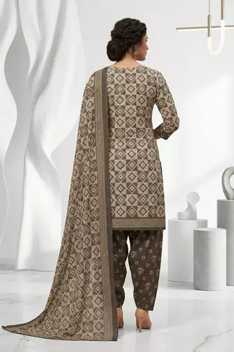 Grey printed cotton blend stitched geometric print salwar kurta dupatta for women