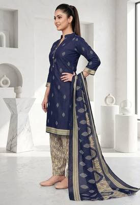 Blue printed cotton blend stitched geometric print salwar kurta dupatta for women 2