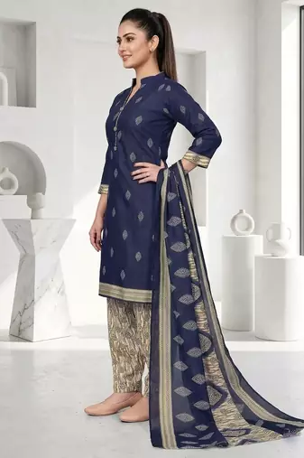 Blue printed cotton blend stitched geometric print salwar kurta dupatta for women